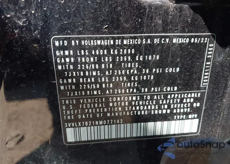 2022 Volkswagen Taos 1.5T Se z USA, uszkodzony, nr VIN 3VVLX7B21NM077143